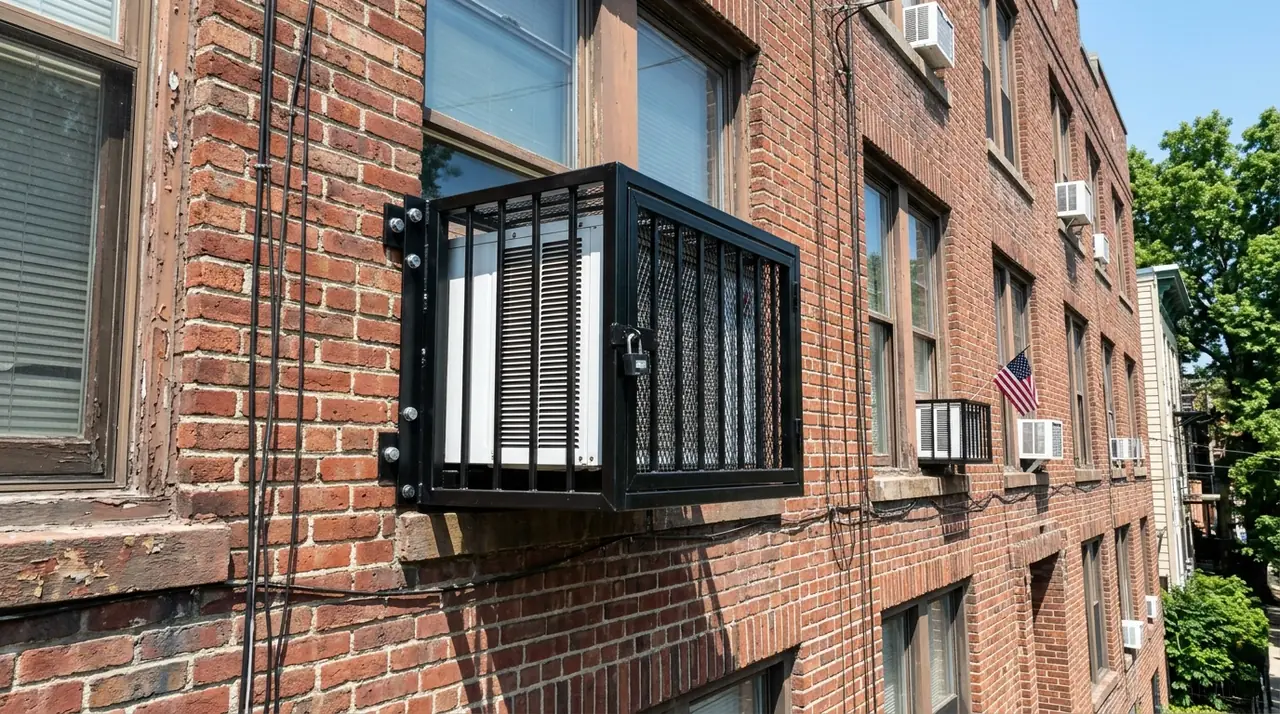 Air conditioning unit in cage