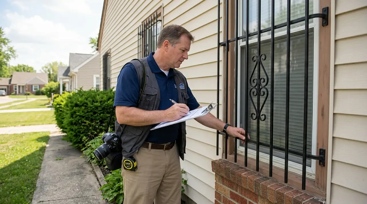 Appraiser inspecting window secu
