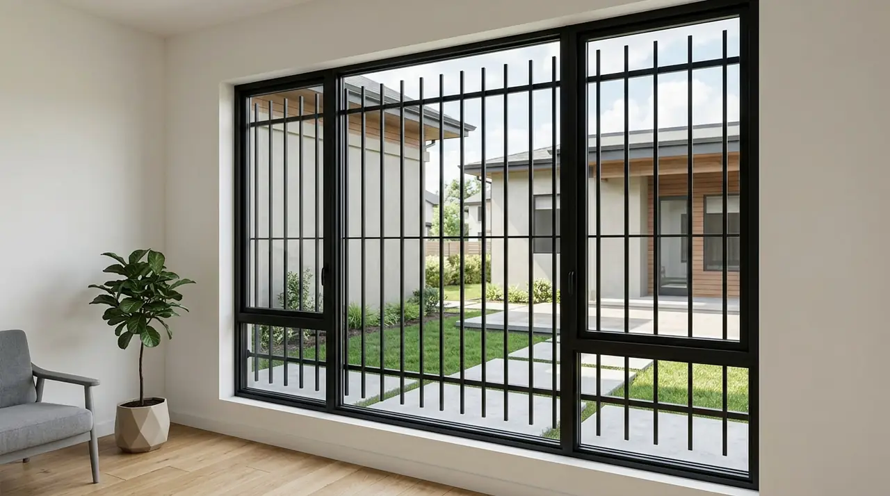 Black steel window security bars