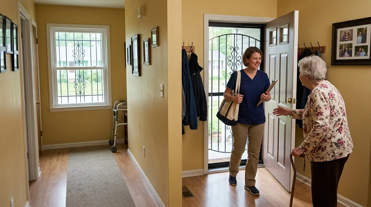 Caregiver entering senior home