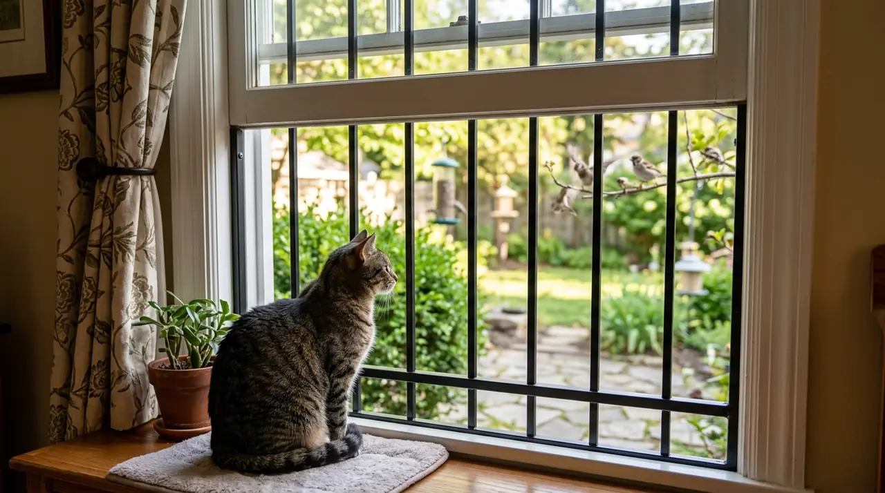 Cat behind window bars