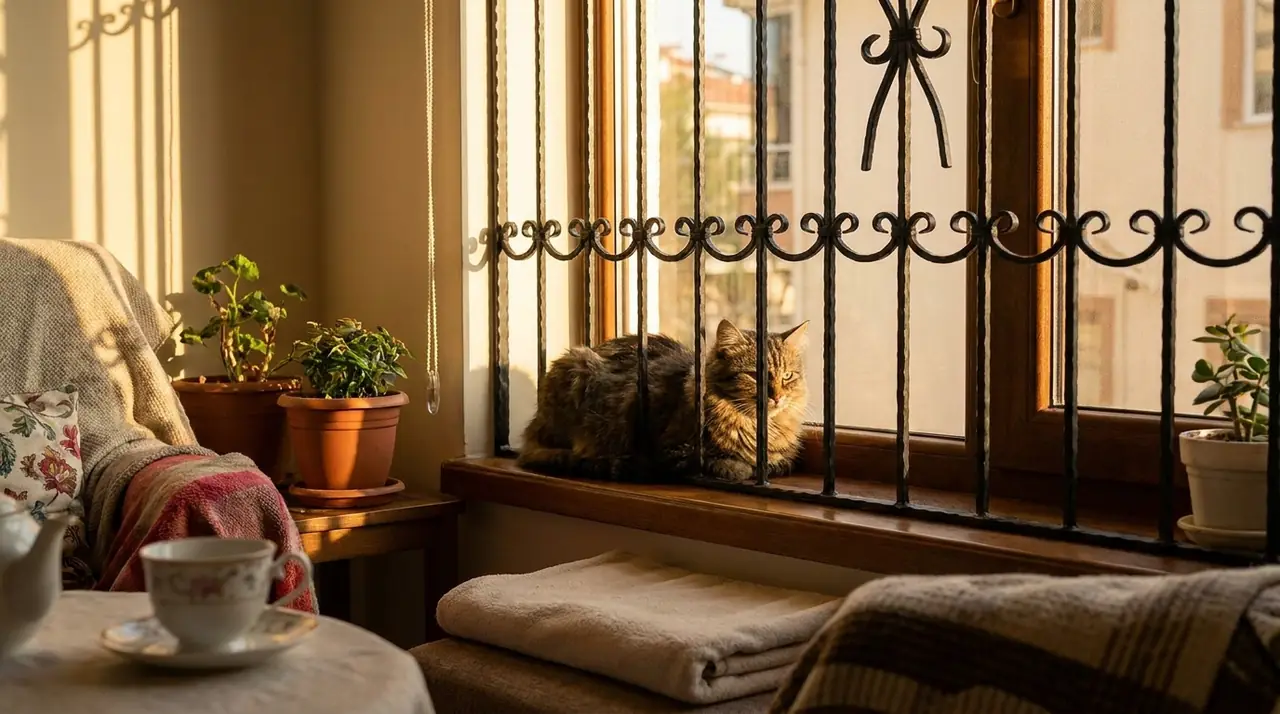 Cat on windowsill behind bars
