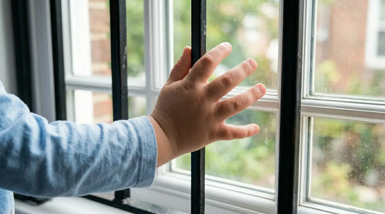 Child hand on security bars