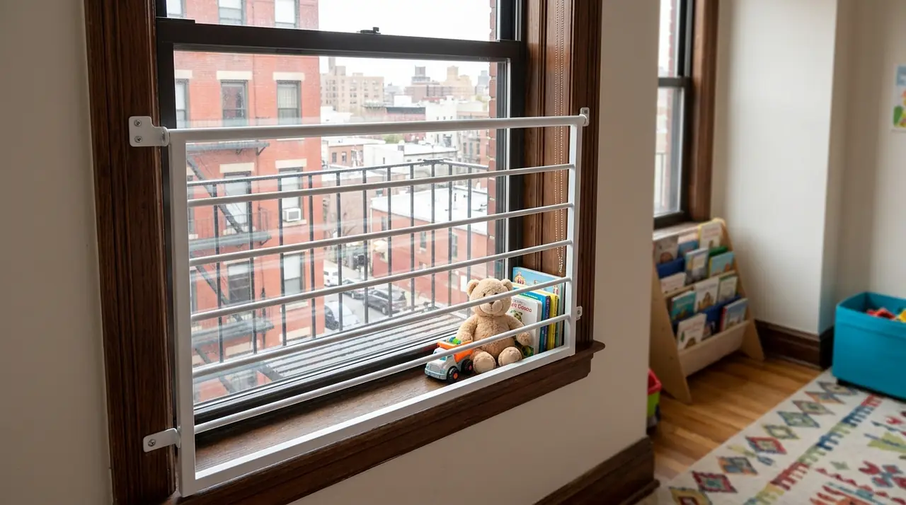 Child safety window guard installed