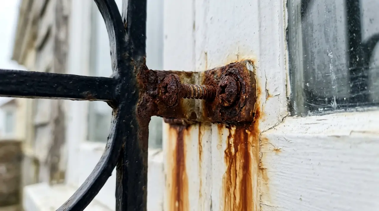 Corroded screw heads on window