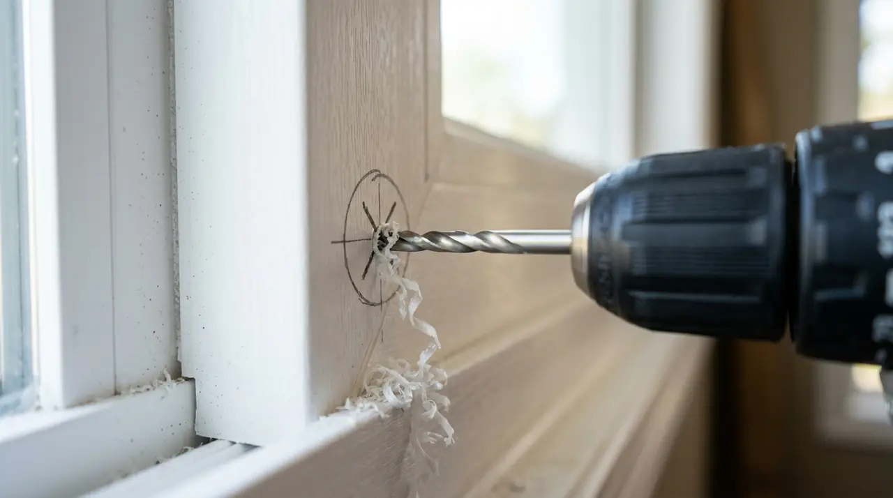 Drilling pilot hole window frame