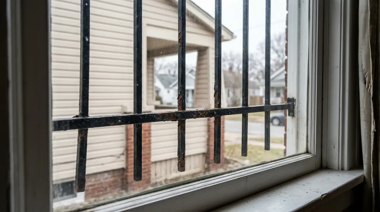 Exterior window bars showing wear