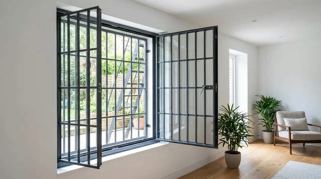 Fire safe window security bars open
