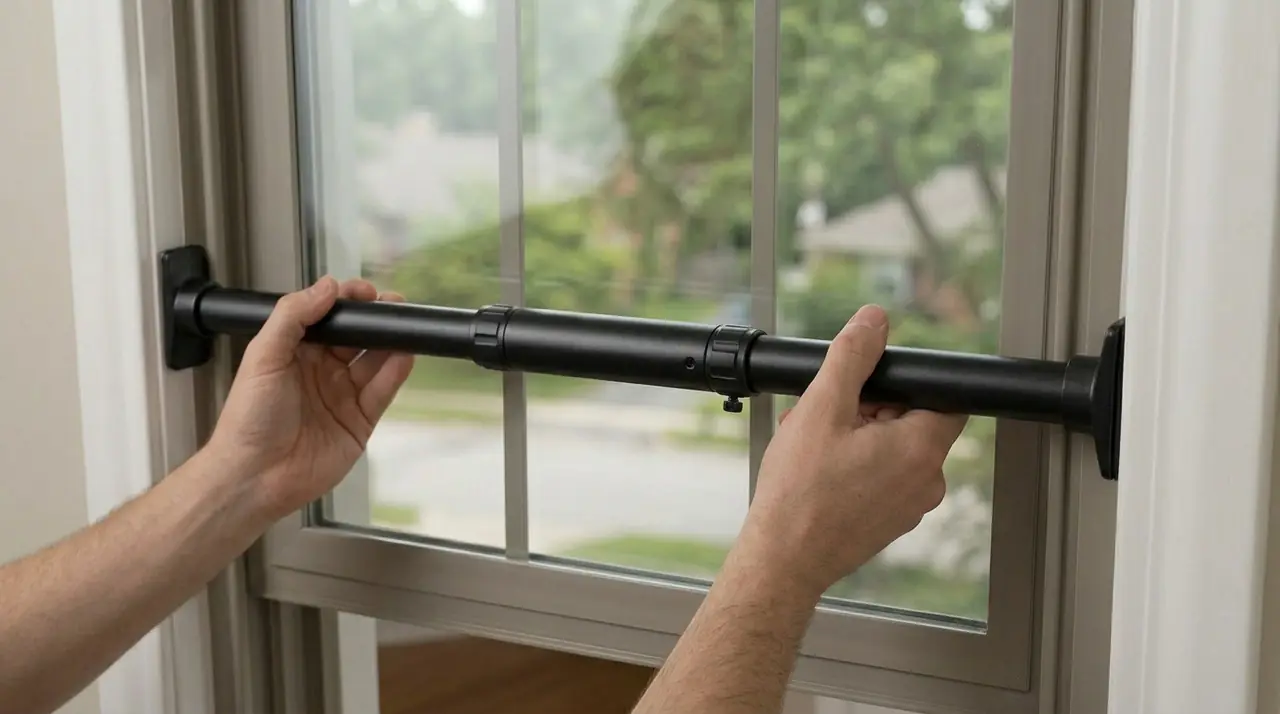 Hands securing window security bar