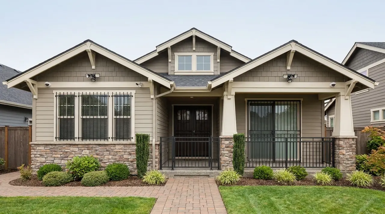 Home with exterior window bars