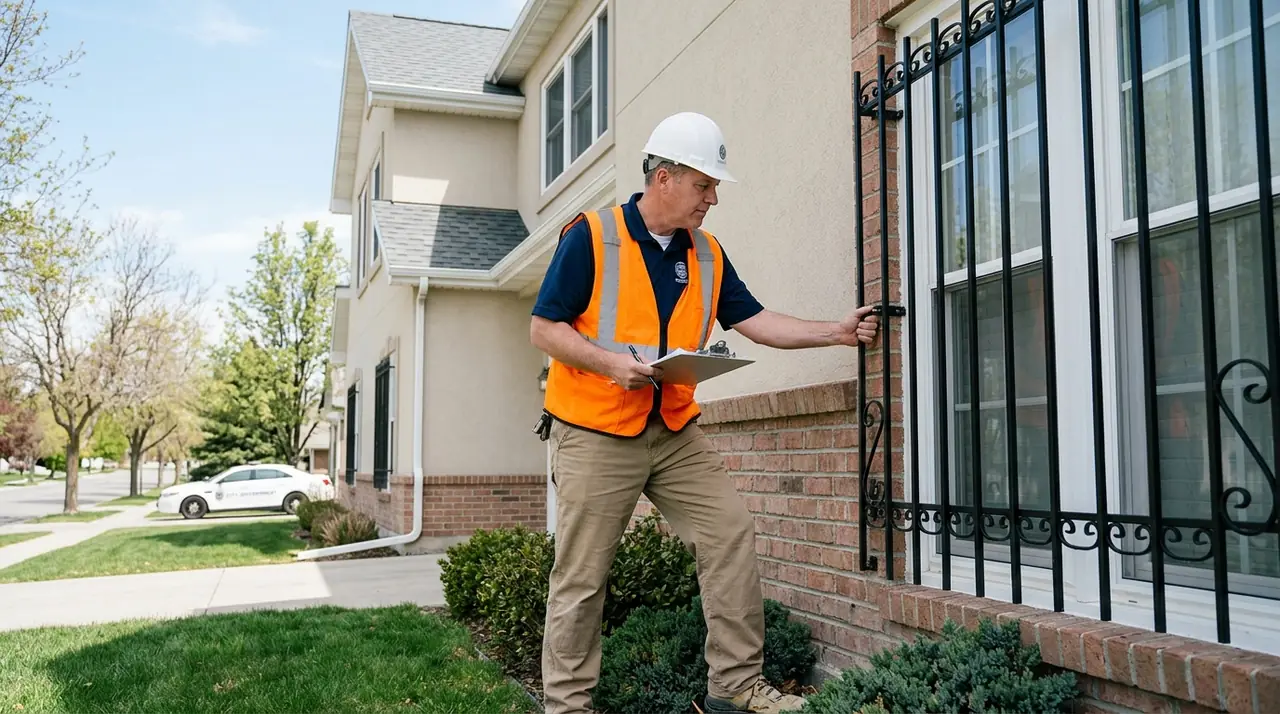 Inspector examining window bars