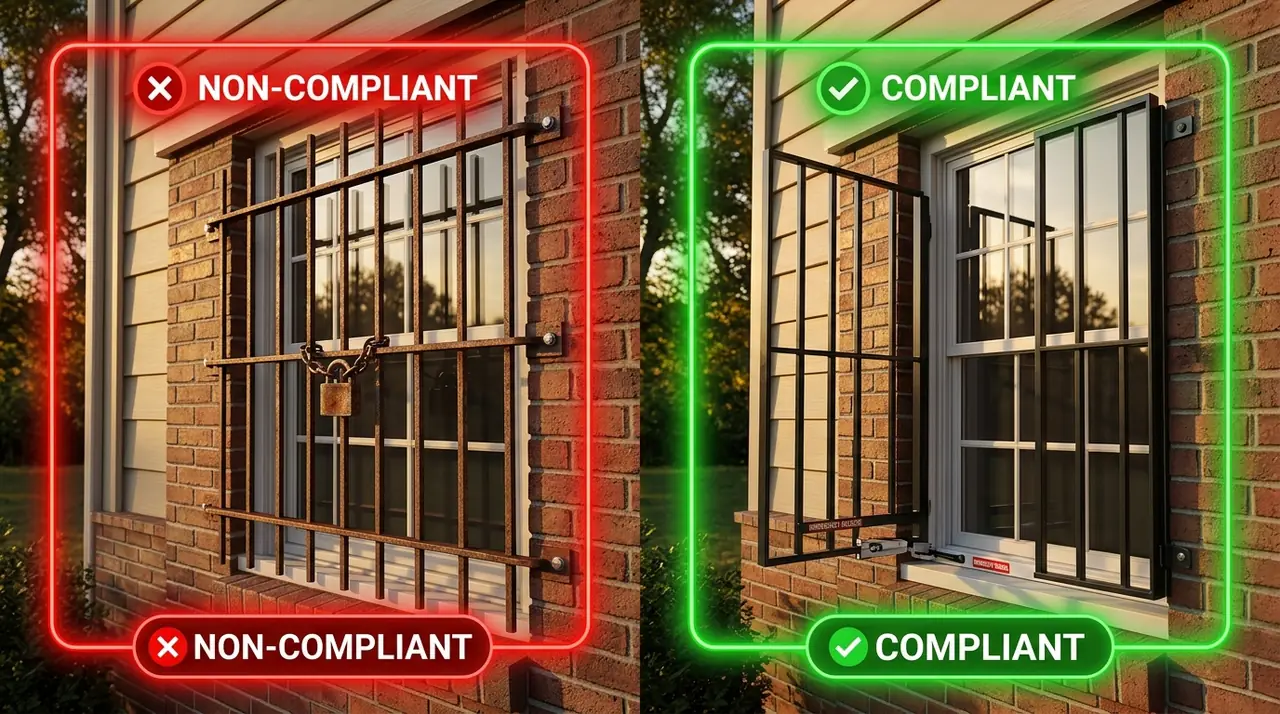 Padlocked window bars versus qui