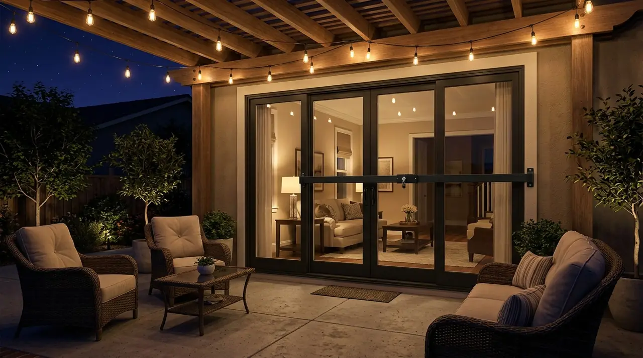 Patio door secured by steel