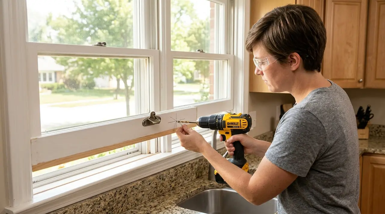 Person drilling window sash