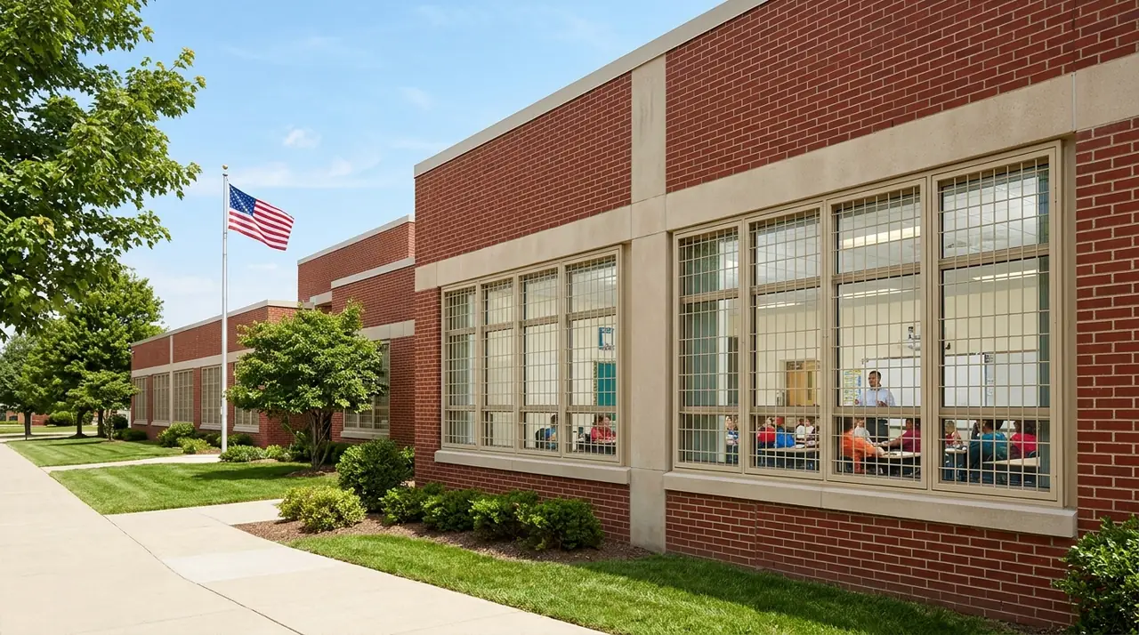 School building with window cages