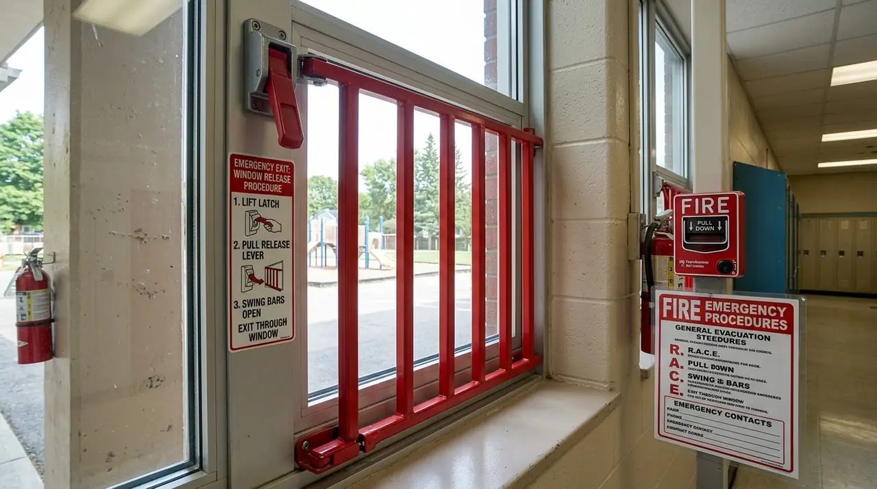 School window egress bars signage