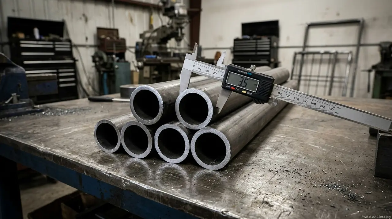 Steel tubing stacked on workbench