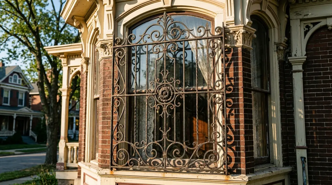 Wrought iron window grate exterior