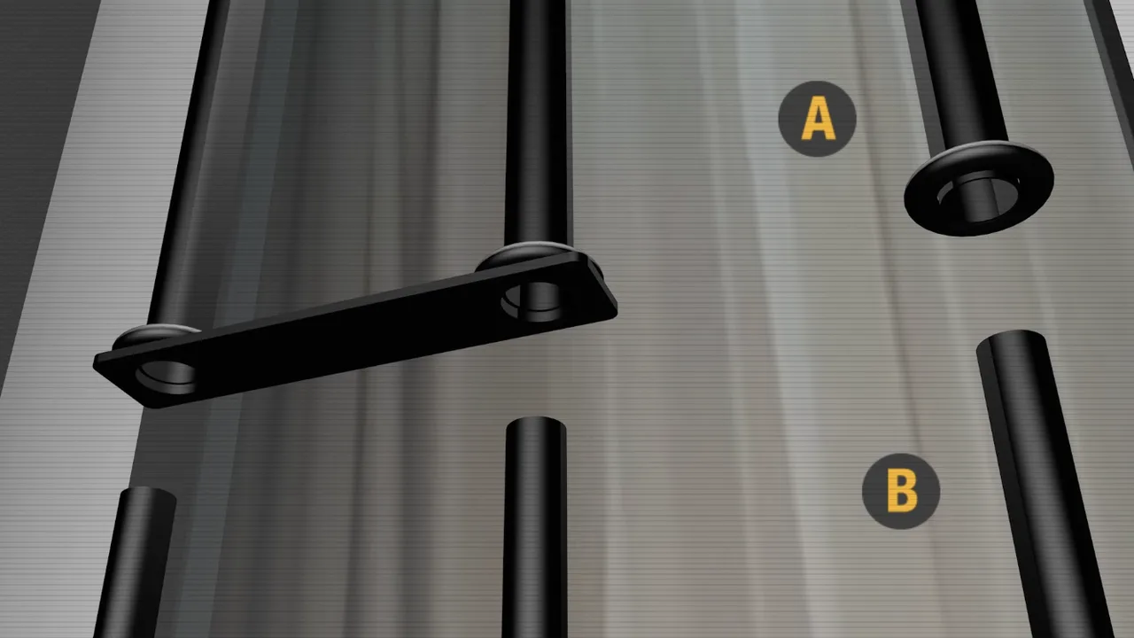 Window security bar hardware components laid out: bars labeled A and B with screws