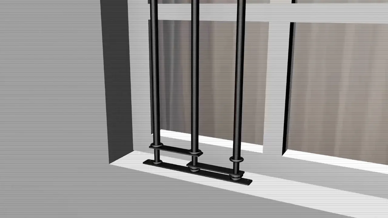 Window security bar positioned in window opening showing side profile depth