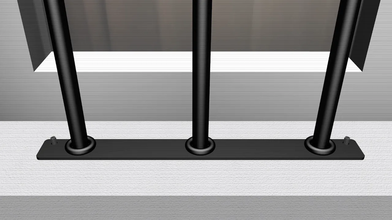 Anchor base plate installed on window sill with bars secured through plate