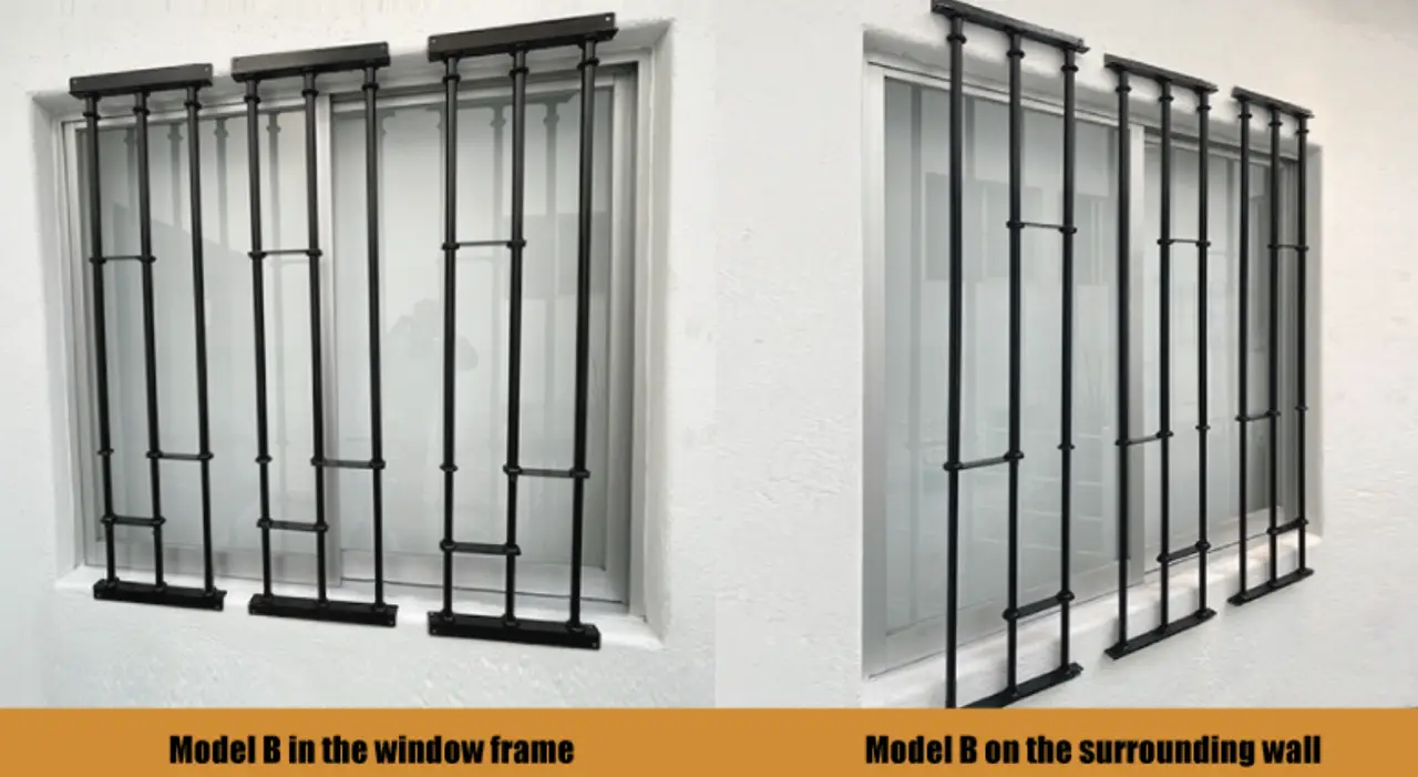 Model B installation options: in window frame on left, on surrounding masonry wall on right
