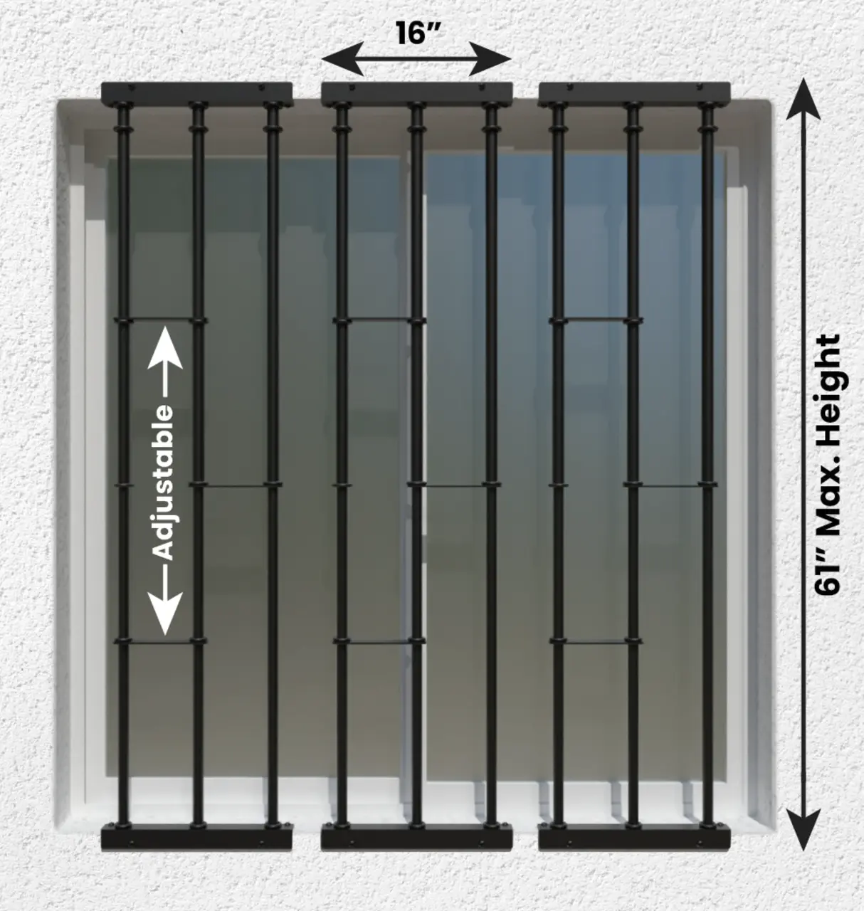 Model B installed in window showing 16 inch width and 61 inch maximum height