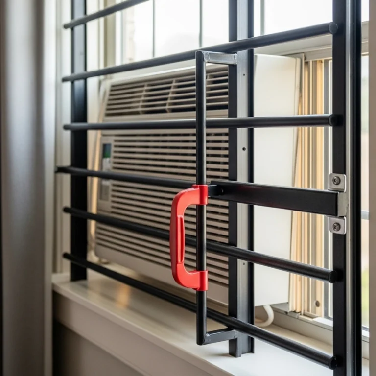 window bars for AC units with interior quick-release opening for egress