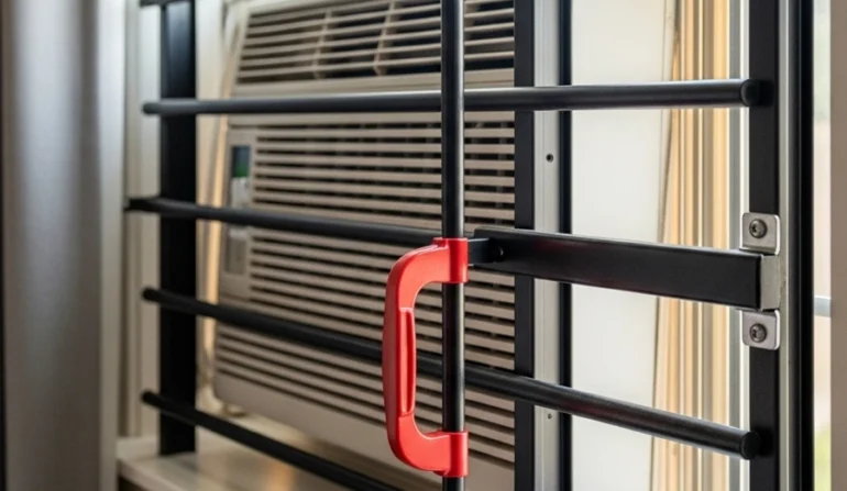 window bars for AC units with interior quick-release opening for egress