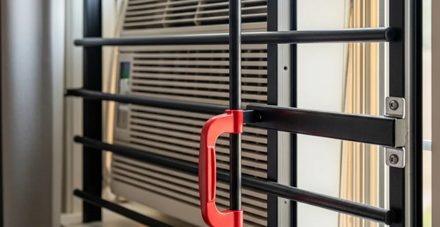 window bars for AC units with interior quick-release opening for egress