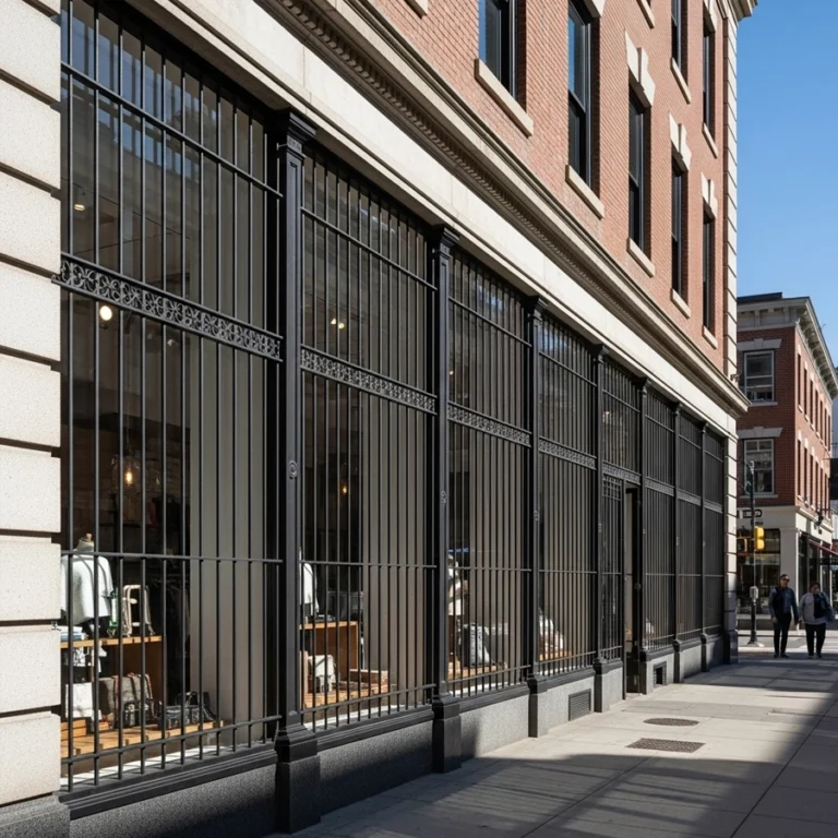 commercial window security bars aligned with storefront mullions on retail façade
