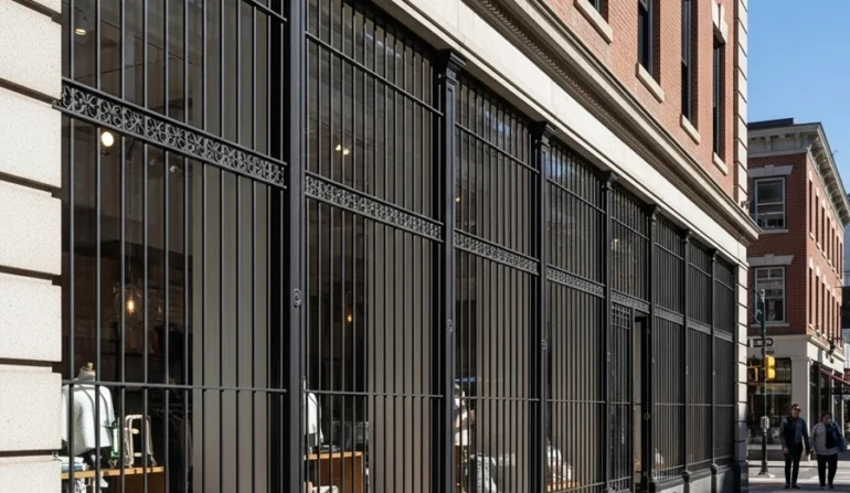commercial window security bars aligned with storefront mullions on retail façade
