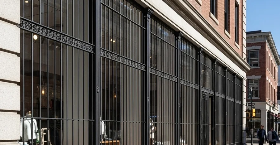 commercial window security bars aligned with storefront mullions on retail façade