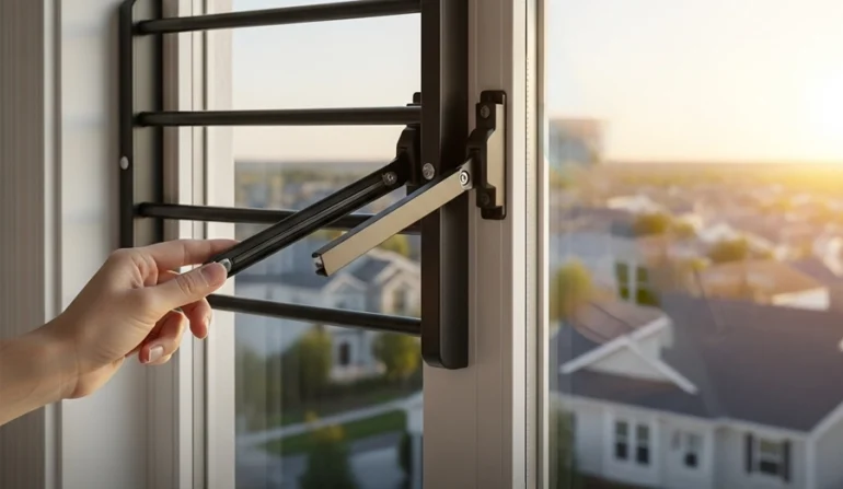 quick-release window bars opening from inside for emergency egress in bedroom