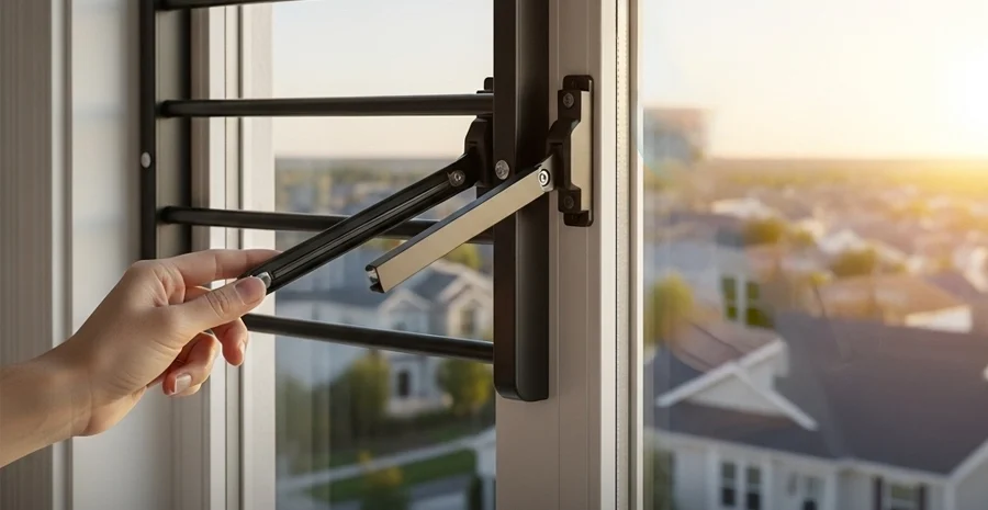 quick-release window bars opening from inside for emergency egress in bedroom