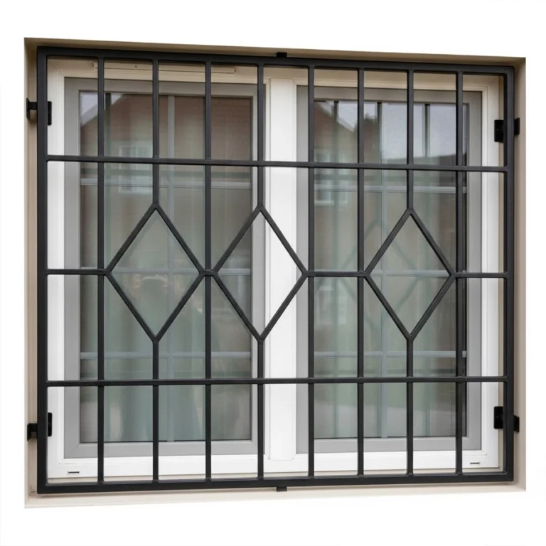 decorative security window bars with modern grid aligned to window muntins in satin black