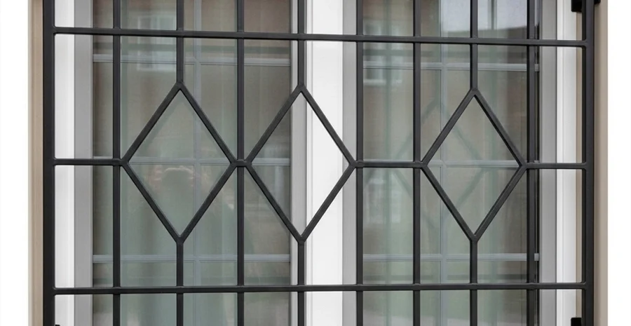 decorative security window bars with modern grid aligned to window muntins in satin black