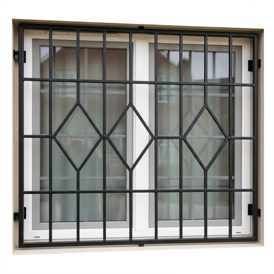 decorative security window bars with modern grid aligned to window muntins in satin black