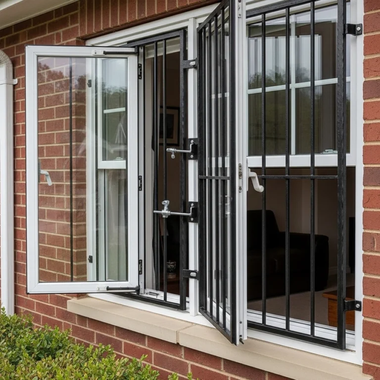 quick-release window bars opening from inside for emergency egress