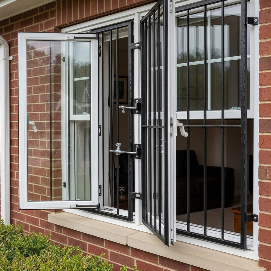 quick-release window bars opening from inside for emergency egress