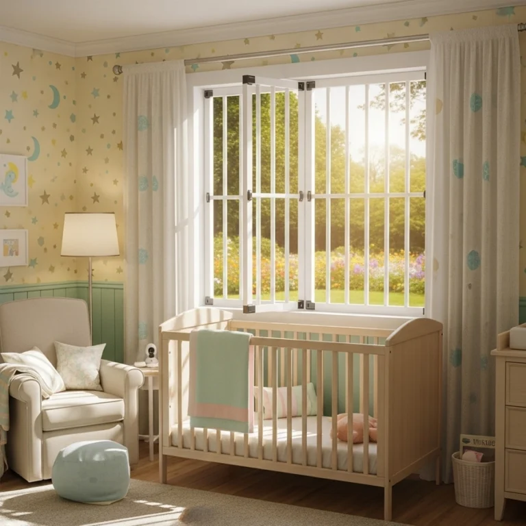 child-safe quick-release window bars open for emergency egress in nursery