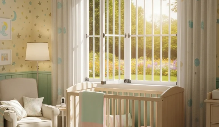 child-safe quick-release window bars open for emergency egress in nursery