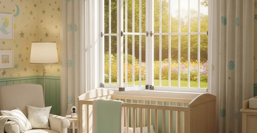 child-safe quick-release window bars open for emergency egress in nursery