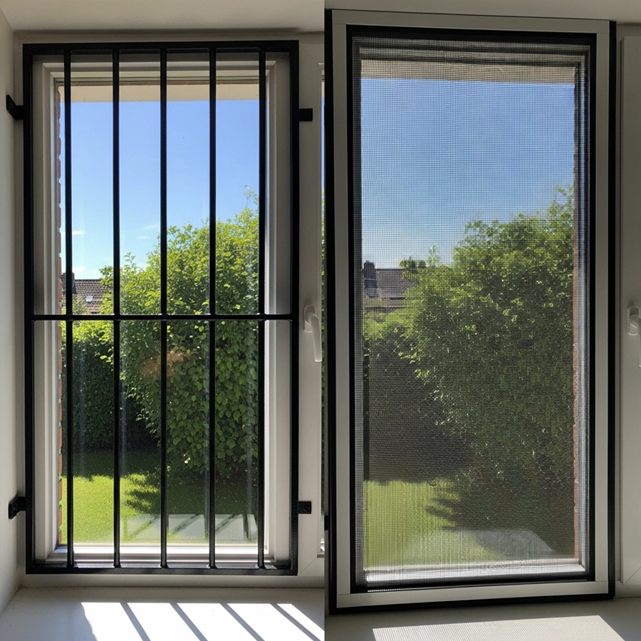 security window bars vs security screens comparison on the same window