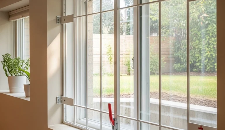 interior quick-release basement window security bars opening from inside for egress
