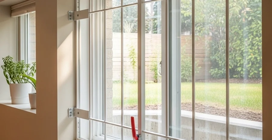 interior quick-release basement window security bars opening from inside for egress