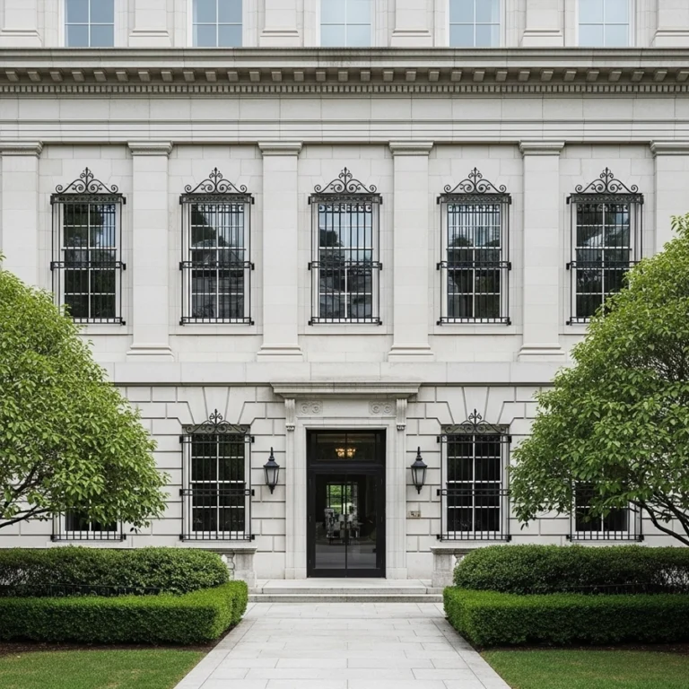 decorative window security bars aligned with window grids on modern home