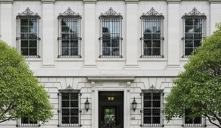 decorative window security bars aligned with window grids on modern home