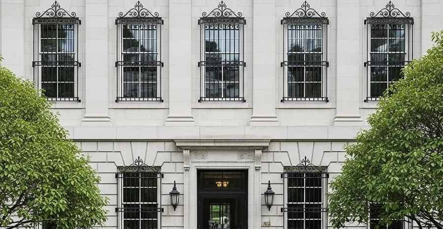 decorative window security bars aligned with window grids on modern home