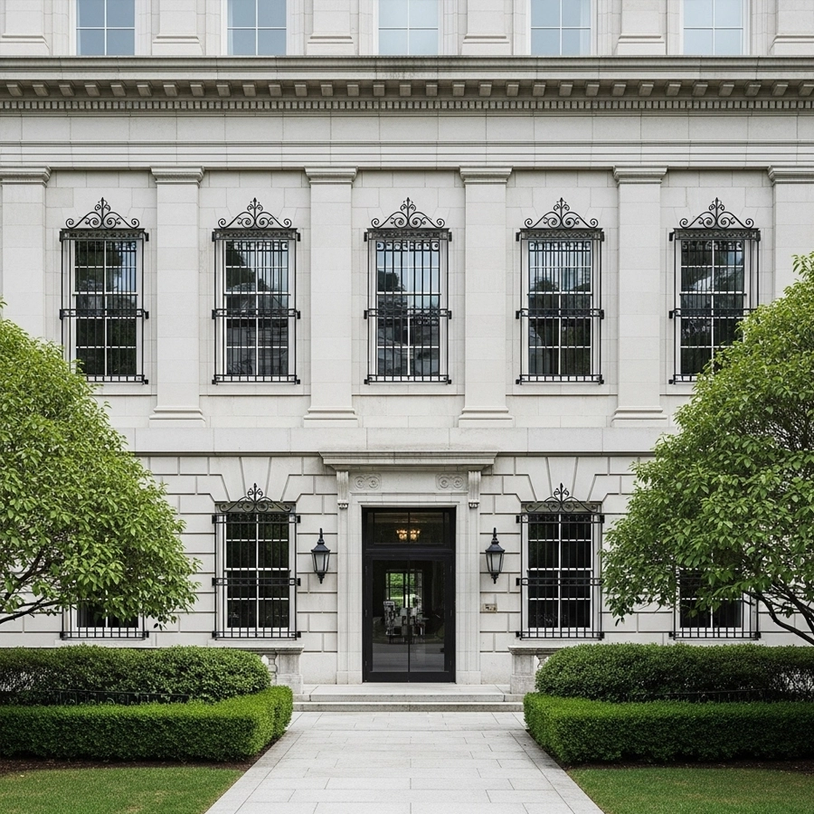 decorative window security bars aligned with window grids on modern home